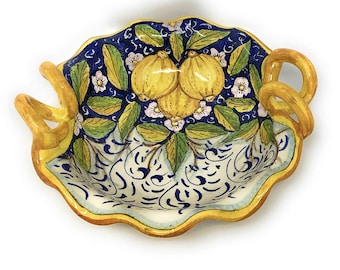 Italian Ceramic Art Pottery Serving Bowl Centerpieces Hand Painted Decorative Lemons Made in ITALY Tuscan