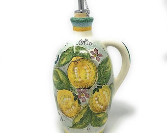 Italian Ceramic Art Pottery Oil Cruet Bottle Dispenser Hand Painted Decorated Lemons Made in ITALY Tuscan