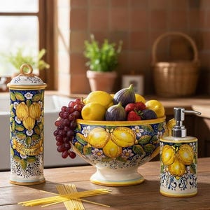 Italian Ceramic Set Dispenser Cruet Ampoules Oil and Vinegar Art Pottery Hand Painted Pattern Three Lemons Made in ITALY Tuscan image 6