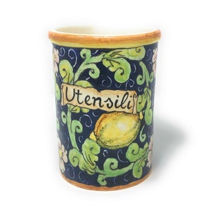 Italian Ceramic Utensil Holder Vessel Hand Painted Decorated Lemons Made in ITALY Tuscan Art Pottery