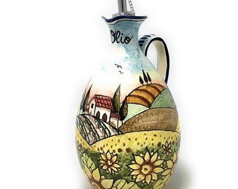 Italian Ceramic Art Pottery Oil Dispenser Cruet Ampoule Hand Painted Pattern Landscape Tuscan Sunflower Made in ITALY