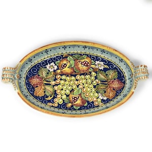 Italian Ceramic Art Pottery Serving Bowl Oval Centerpiece Hand Painted Pattern Fruit Tuscan Made in ITALY