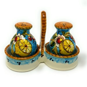 Italian Ceramic Pottery Set Salt and Pepper Shakers Pots Art Pottery Hand Painted Pattern Amalfi Lemons Made in ITALY Tuscan Florence