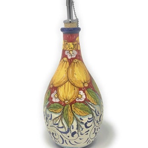 Italian Ceramic Art Pottery Dispenser Oil Cruet Ampoule Pattern Lemons Hand Painted Made in ITALY Tuscany Florence