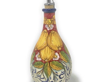 Italian Ceramic Art Pottery Dispenser Oil Cruet Ampoule Pattern Lemons Hand Painted Made in ITALY Tuscany Florence