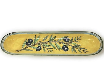 Italian Ceramic Serving Appetizer Tray Baguette Flatware Pattern Olives Hand Painted Made in ITALY Tuscany