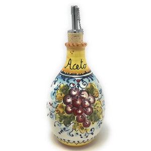 Italian Ceramic Art Pottery Vinegar Dispenser Cruet Ampoule Hand Painted Pattern Montalcino Grapes Made in ITALY Tuscan