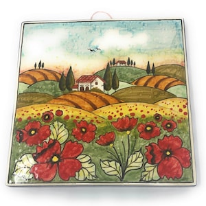 Italian Ceramic Art Tile Pantiles Pottery Landscape Poppies Hand Painted Made in ITALY Tuscan