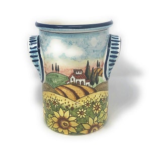 Italian Ceramic Utensil Holder Wine Bottle Hand Painted Made in ITALY Decorated Sunflowers Landscape Tuscan Art Pottery Florence Store