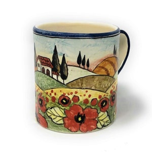 Italian Ceramic Art Pottery Mug Cup Decorated Poppies Landscape Hand Painted Made in ITALY Tuscan