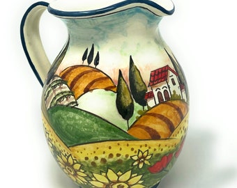 Italian Ceramic Art Pottery Pitcher Vino Vine gal 0,264 Hand Painted Collection Landscape Sunflowers Tuscan Made in ITALY