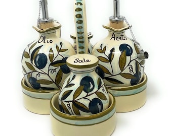 Italienisches Keramik-Kunstgeschirr-Set mit Spender für Öl, Essig, Salz und Pfeffer, Olivenmuster, toskanisches Landhausmotiv, handbemalt, hergestellt in Italien