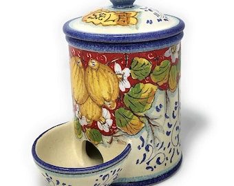 Italian Ceramic Jar Salt Holder Pattern Lemons Hand Painted Made in ITALY Tuscan Art Pottery Florence Store