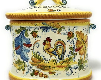 Italian Ceramic Biscuit Cookies Jar Hand Painted Pattern Rooster Montelupo Made in ITALY Tuscan Art Pottery