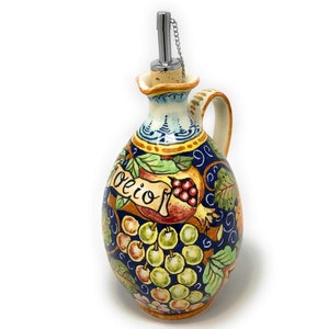 Italian Ceramic Art Pottery Oil Cruet Bottle Decorated Fruit Hand Painted Made in ITALY Tuscan