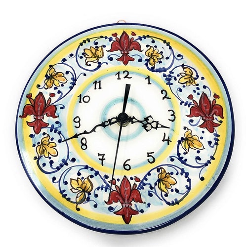 Hand-Painted Italian Ceramic Wall Clock, Tuscan Lily Design