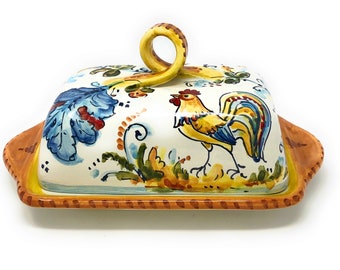 Italian Ceramic Butter Dish Hand Painted Pattern Rooster Montelupo Made in ITALY Tuscany Art Pottery Florence