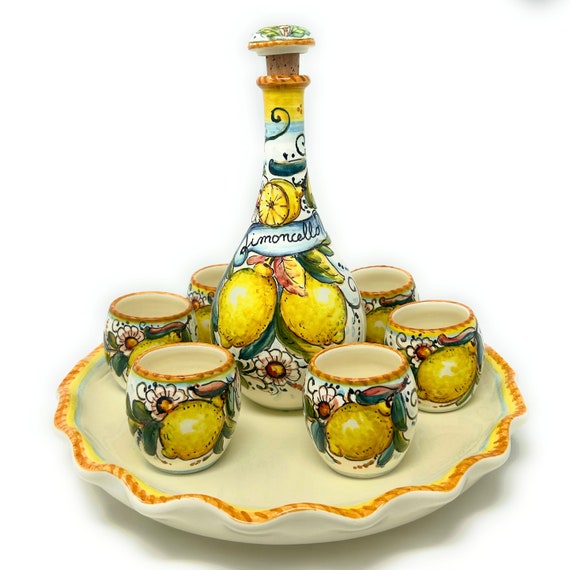 Italian Ceramic Pottery Set Tray + Bottle + 6 Cups Limoncello Liqueur Shot Glasses Decorated Lemons Hand Painted Made in ITALY Tuscan