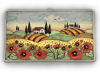 Italian Ceramic Art Tile Pantiles Pottery Landscape Poppies Hand Painted Made in ITALY Tuscan