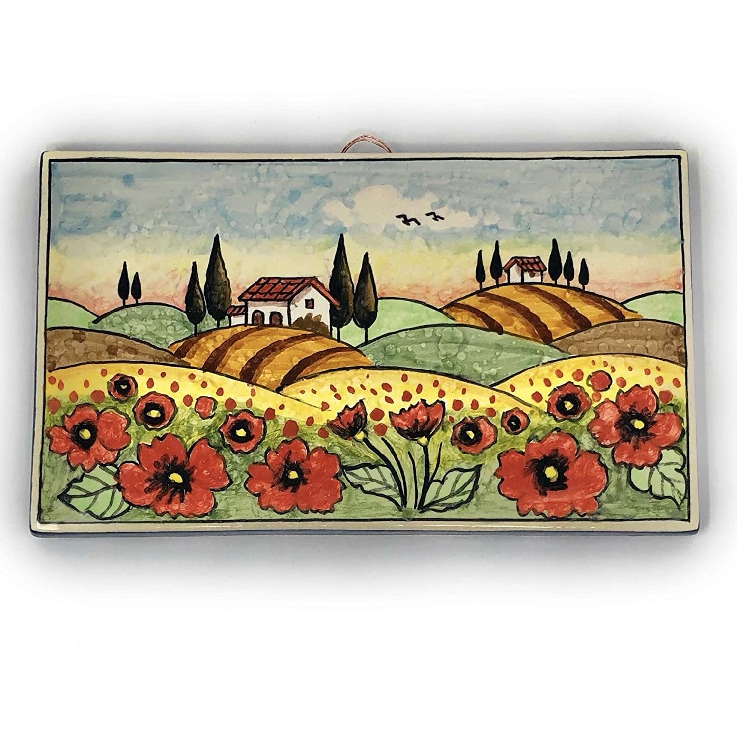 Italienische Keramik Kunst Tile Pantiles Keramik Landschaft Mohnblumen Handgemalt Made in ITALY Toscana