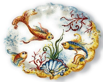 Italian Ceramic Pottery Serving Tray Plate to hang Hand Painted Pattern Sea Fish Made in ITALY Tuscan Florence