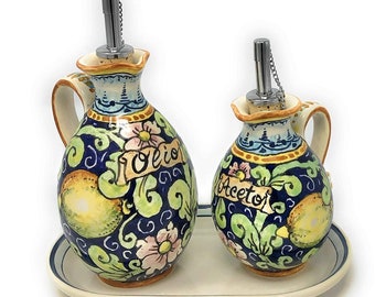 Italian Ceramic Set Dispenser Cruet Ampoules Oil and Vinegar Art Pottery Hand Painted Pattern Lemons Made in ITALY Tuscan