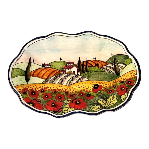 CERAMICHE DARTE PARRINI Italian Ceramic Art Pottery Serving Bowl Centerpieces Tray Plate Hand Painted Decorative Sunflowers Landscape Tuscan Made in ITALY