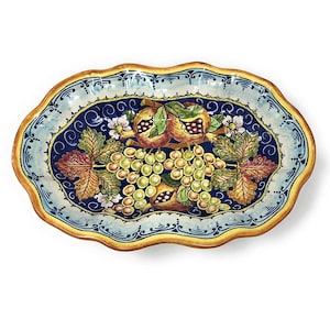Italienische Keramik Servierschale Ovale Schüssel Pasta - Obst - Salat - Reis - Muster Grape Art Pottery Made in ITALY Toskana Florenz