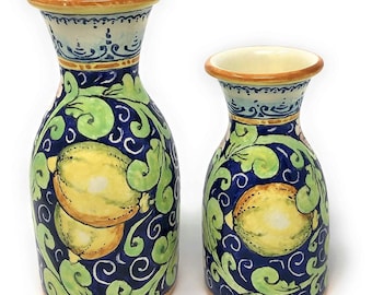 Italian Ceramic Art Pottery Couple of Vases/Pitchers Hand Painted Pattern Lemons Made in ITALY Tuscan Florence