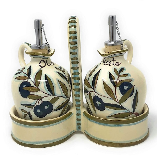 Italian Ceramic Set Dispenser Cruet Ampoules Oil and Vinegar Art Pottery Hand Painted Pattern Olives Country Made in ITALY Tuscan