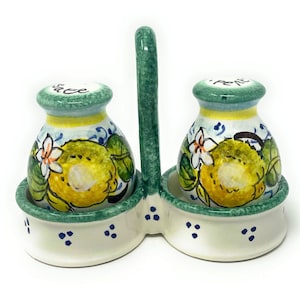 Italian Ceramic Set Salt and Pepper Shakers Pots Art Pottery Hand Painted Decorated Lemons Made in ITALY Tuscan