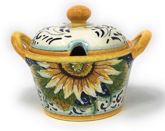 Italian Ceramic Art Sugar - Cheese Bowl Pottery Decorated Sunflower Hand Painted Made in ITALY Florence Store