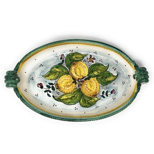 Italian Ceramic Art Pottery Serving Bowl Oval Centerpiece Hand Painted Pattern Lemons Tuscan Made in ITALY Florence