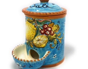 Italian Ceramic Jar Salt Holder Pattern Lemons Amalfi Hand Painted Made in ITALY Tuscan Art Pottery Florence Store