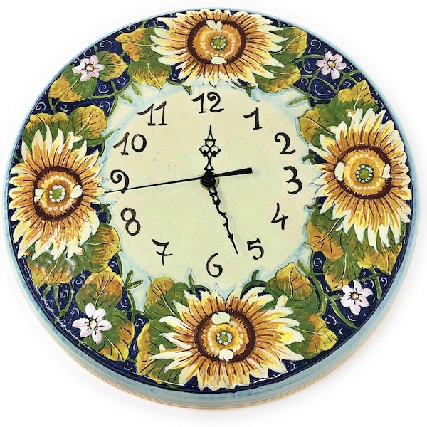 Horloge murale italienne en céramique, motif rond, tournesol, peinte à la main, fabriquée en ITALIE, art toscan, poterie, Florence