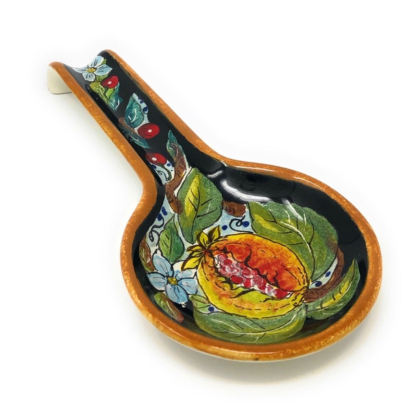 Italian Ceramic Spoon Rest Holder Decorated Pomegranates Pottery Art Hand Painted Made in ITALY Tuscan
