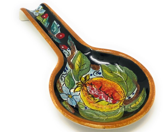 Soporte de descanso de cuchara de cerámica italiana decorado granadas arte de cerámica pintado a mano hecho en ITALIA Toscana