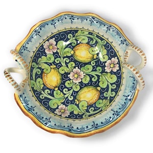 Italian Ceramic Serving Bowl with handle for Pasta - Fruit- salad - rice- Pattern Lemons Art Pottery Made in ITALY Tuscany