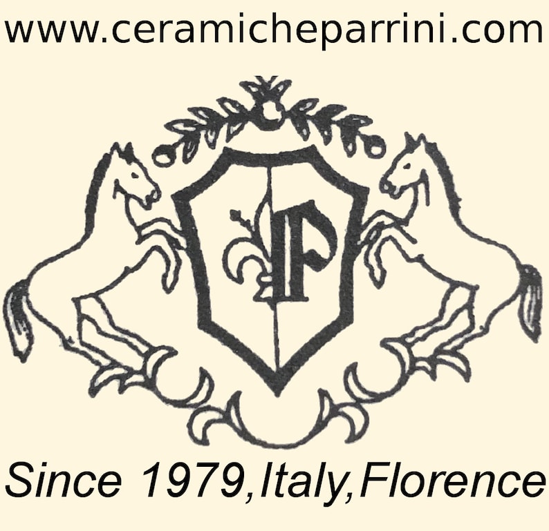 May include: Black and white illustration of a coat of arms featuring a shield with the letter "P" inside, flanked by two rearing horses. The shield is topped with a leafy branch and the text "www.ceramicheparrini.com" appears above the crest. Below the crest, the text "Since 1979, Italy, Florence" is displayed.