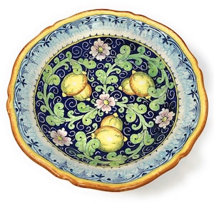Italian Ceramic Art Pottery Bowl- Centerpiece For Fruit,Salad, Pasta Hand Painted Pattern Lemons Made in ITALY Tuscan Florence