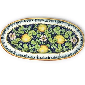 Italian Ceramic Art Serving Tray Oval Pottery Hand Painted Decorative Lemons Blue Made in ITALY Tuscan