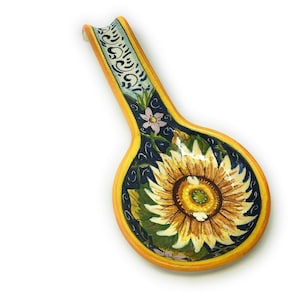 Italian Ceramic Art Spoon Rest Pottery Holder Hand Painted Decorated Sunflower Made in ITALY Tuscan