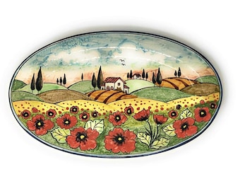 Vassoio da portata in ceramica artistica italiana con papaveri, fatto a mano in ITALIA, Toscana