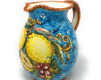 Italian Ceramic Pottery Art Pottery Pitcher Vino Vine - water gal 0,264 Hand Painted Pattern Lemons Amalfi Made in ITALY Tuscan