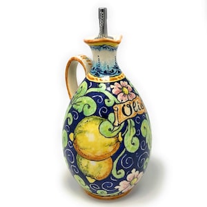 Italian Ceramic Art Pottery Hand Painted Oil Cruet Lemons Blue Made ITALY Tuscan
