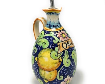 Italian Ceramic Art Pottery Hand Painted Oil Cruet Lemons Blue Made ITALY Tuscan