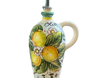 Italian Ceramic Art Pottery Oil Cruet Bottle Dispenser Hand Painted Decorated Lemons Made in ITALY Tuscan
