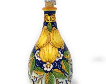 Huilier à huile peint à la main, poterie d'art en céramique italienne, distributeur de trois citrons fabriqué en Italie toscane