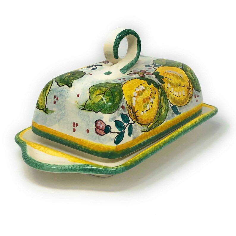Italian Ceramic Butter Dish Hand Painted Decorated Sunflowers Landscape Made in ITALY Tuscan Art