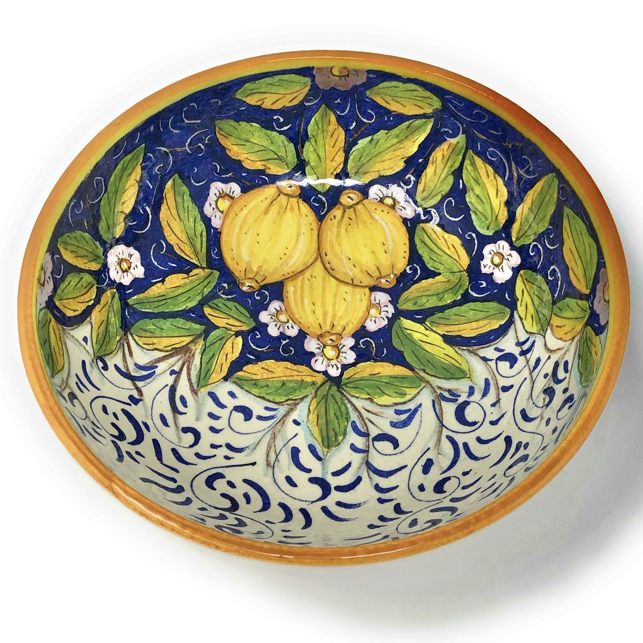 Bol de service en céramique italienne Pièce maîtresse Citrons et fleurs  motif toscan sur poterie italienne blanche -  France